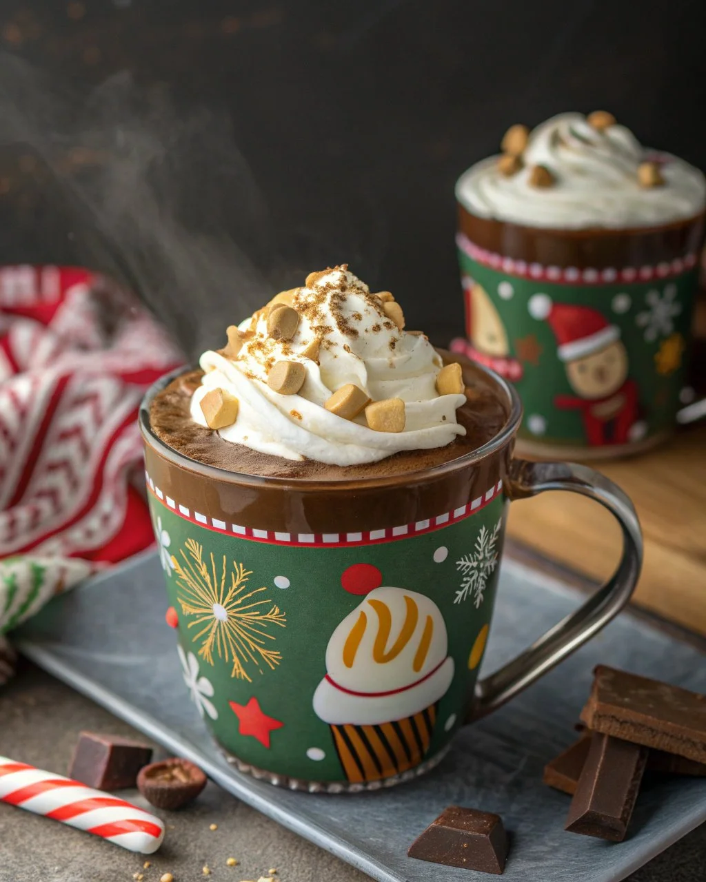 Delicious peanut butter cup hot chocolate topped with whipped cream and chocolate drizzle