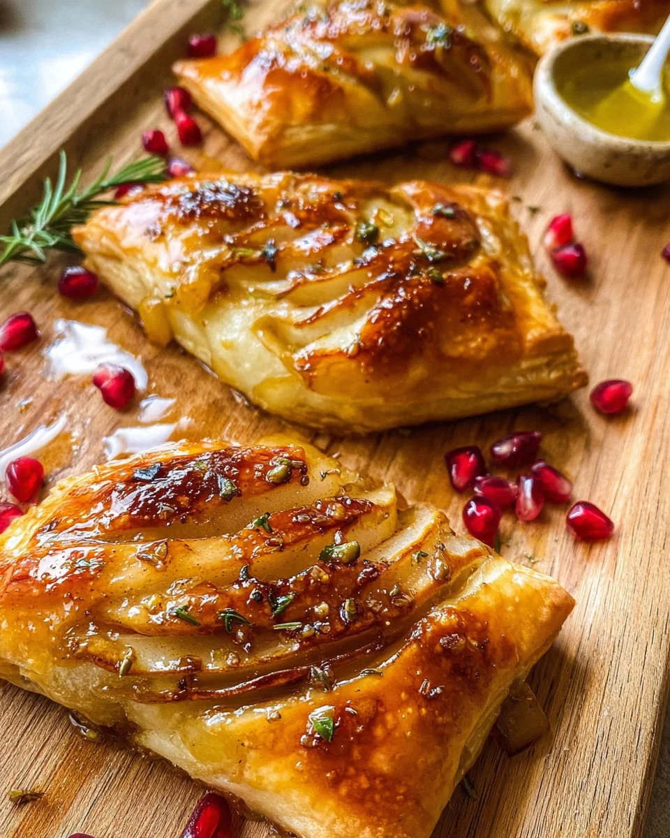 Freshly baked pear and brie stuffed pastries served on a wooden platter