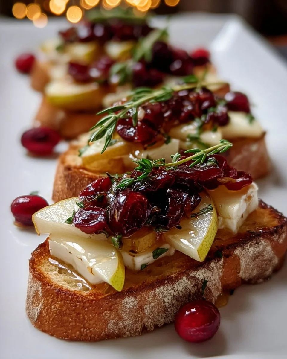 Pear, brie & cranberry crostini topped with thyme-infused honey