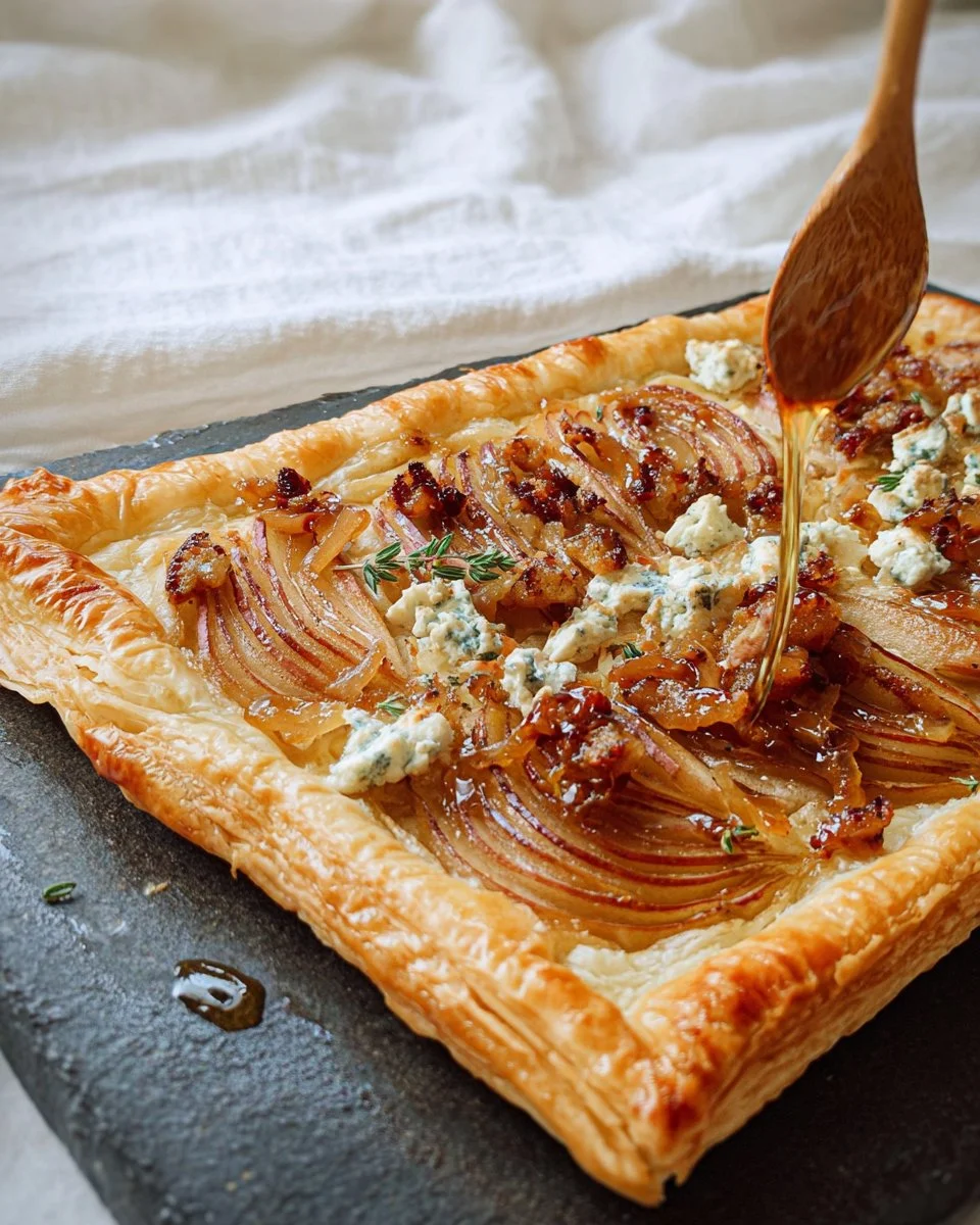 Pear Puff Pastry Tart topped with caramelized onion