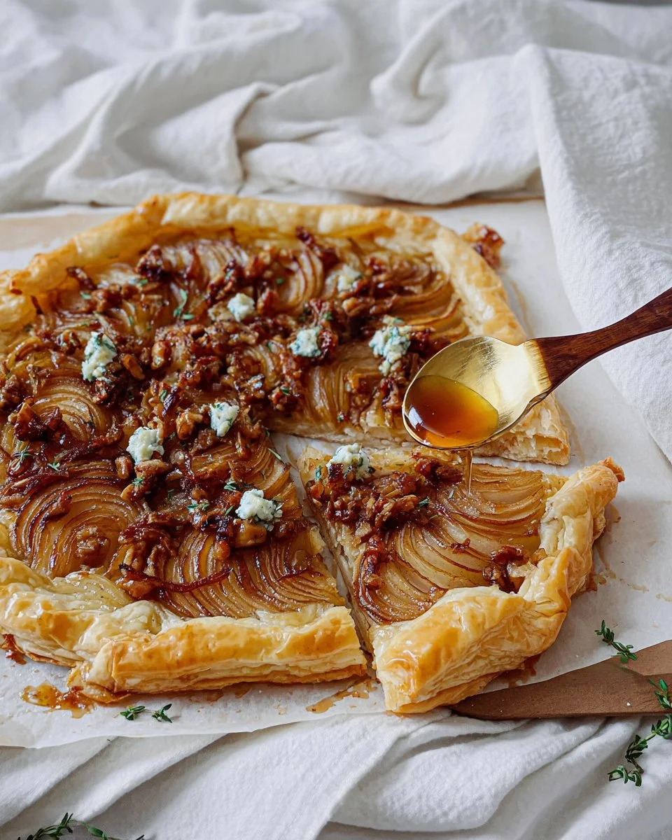 Delicious pear puff pastry tart topped with caramelized onion on a rustic table.