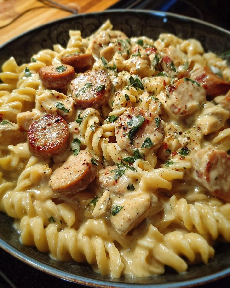 Delicious Pepper Jack Chicken and Sausage Pasta served in a bowl