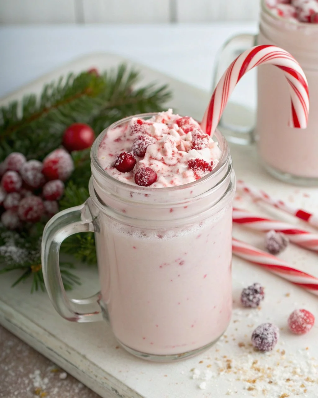 Peppermint Cranberry Swirl Latte with whipped cream and festive decorations