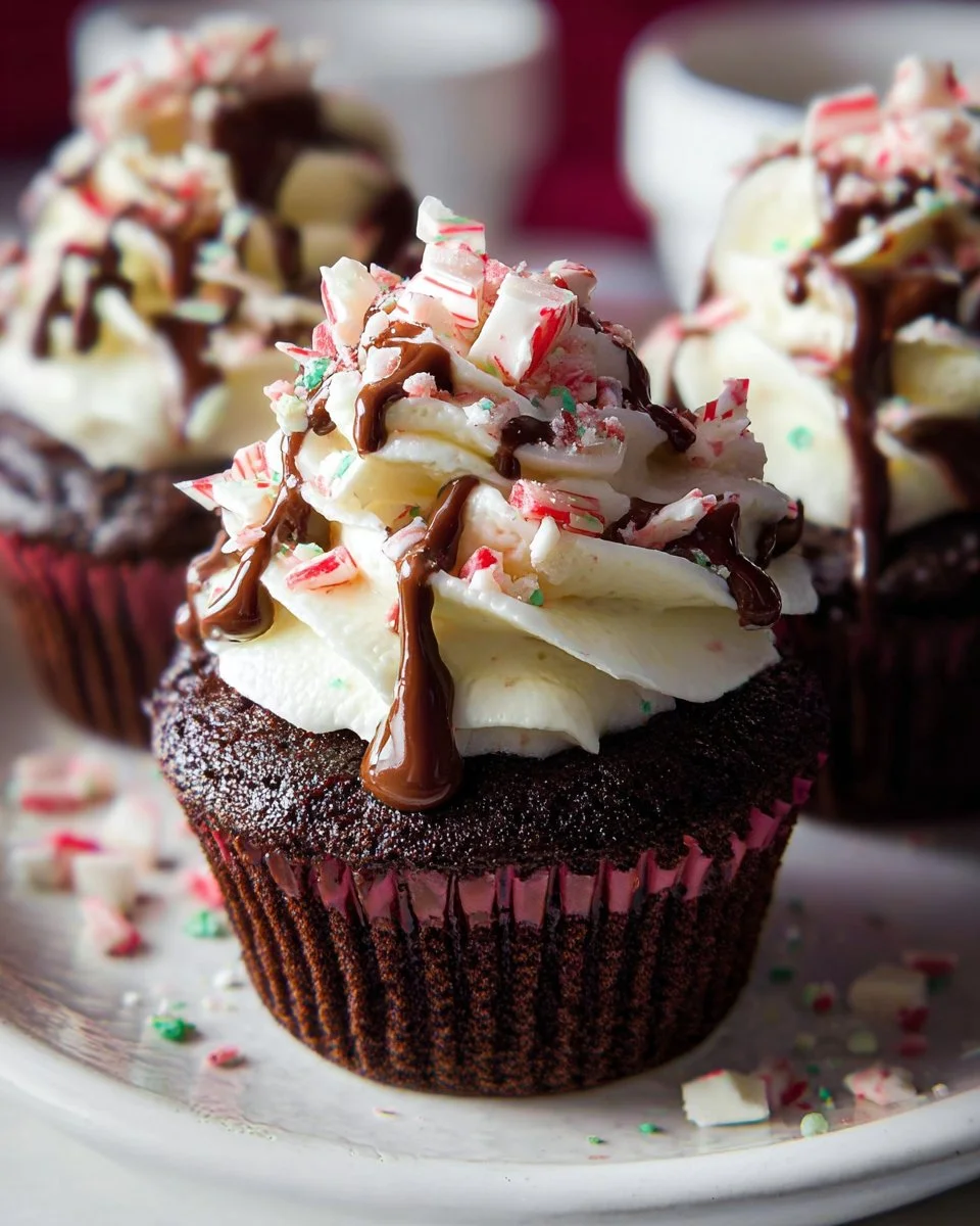 Delicious peppermint mocha cupcakes topped with festive decorations