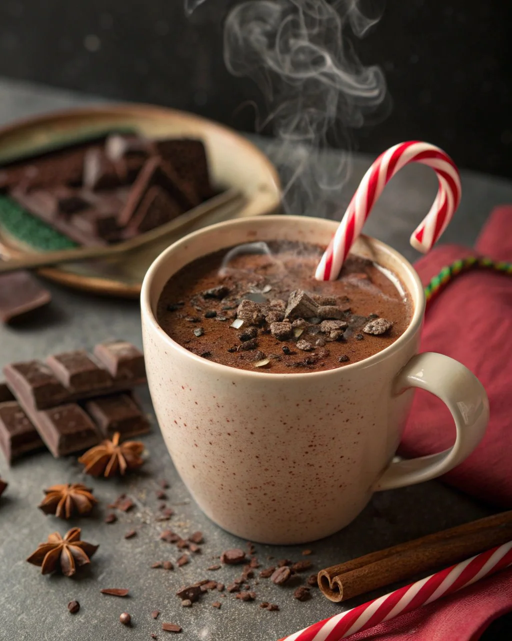 A festive peppermint mocha drift topped with whipped cream and peppermint candy.