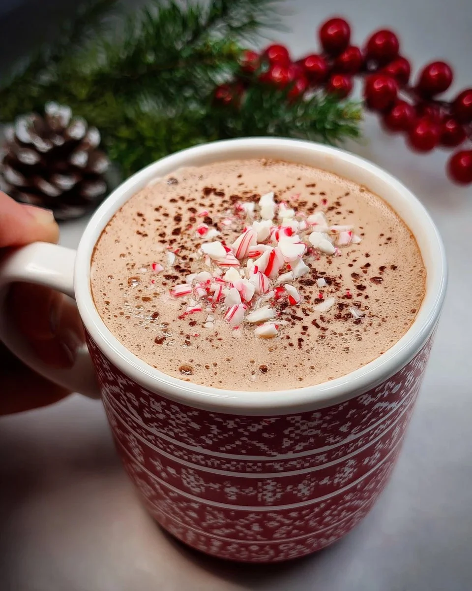 Delicious mug of peppermint mocha hot chocolate topped with whipped cream and chocolate shavings.