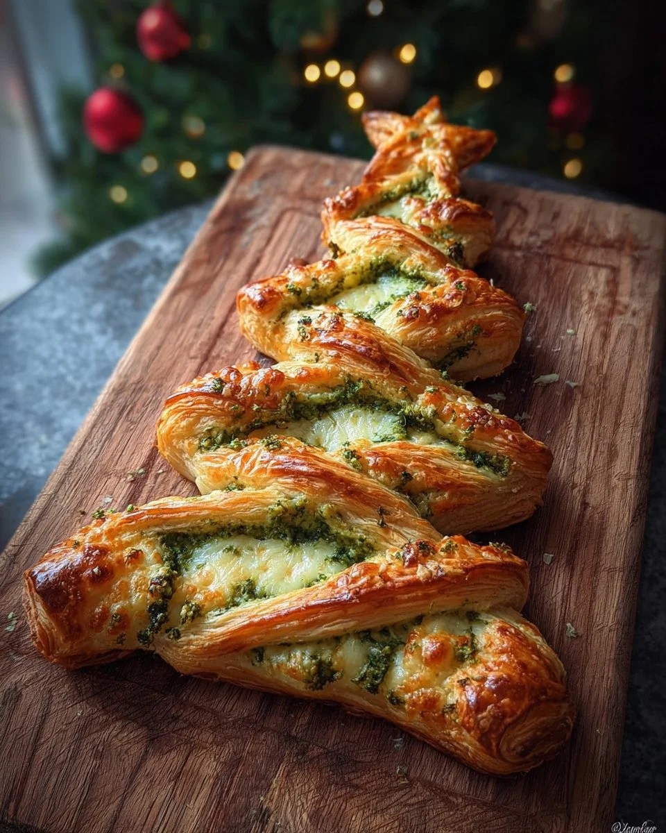 Pesto and cheese puff pastry shaped like a Christmas tree