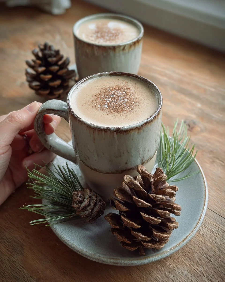 A delicious Pine Cone Latte served with festive pinecone decorations.