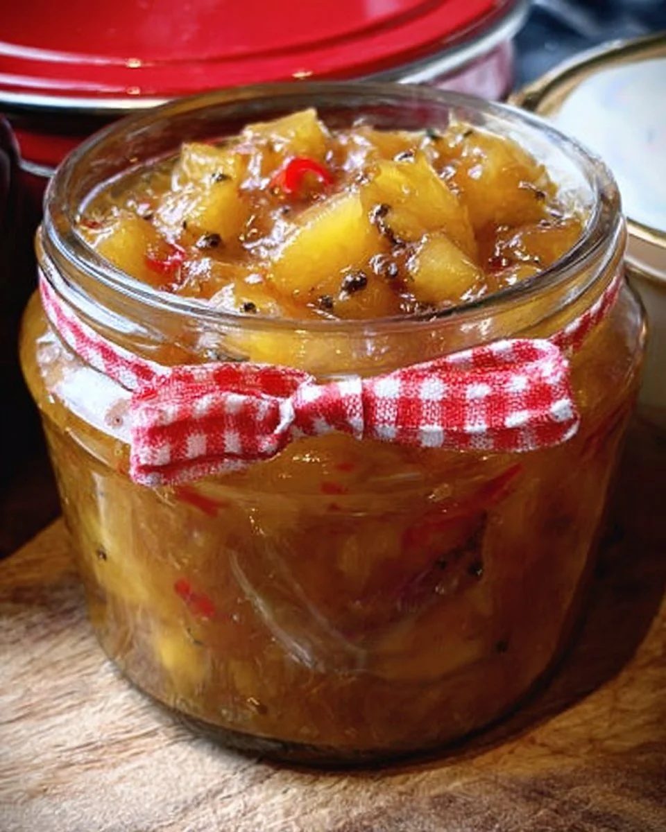 A jar of homemade Pineapple Chutney with fresh pineapple slices and spices