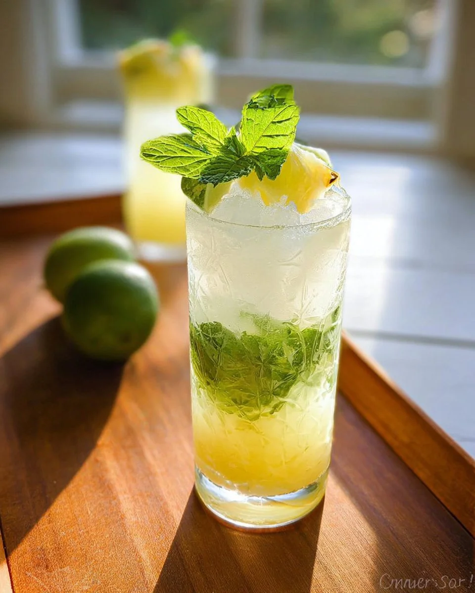 Pineapple Coconut Mojito cocktail served with fresh mint and pineapple slices