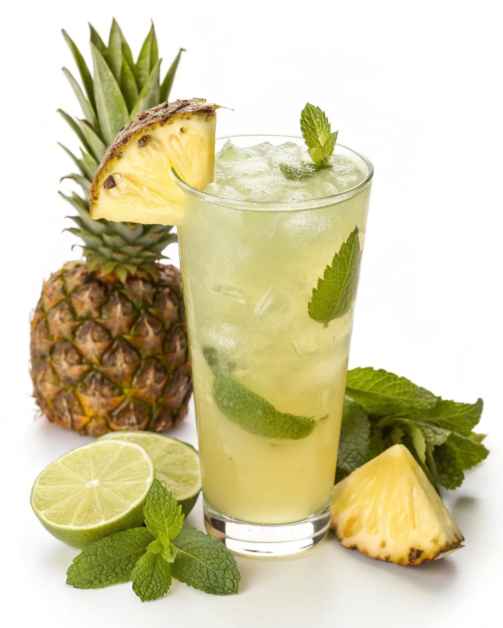 Pineapple Coconut Mojito Tea in a glass garnished with mint leaves and pineapple slice.