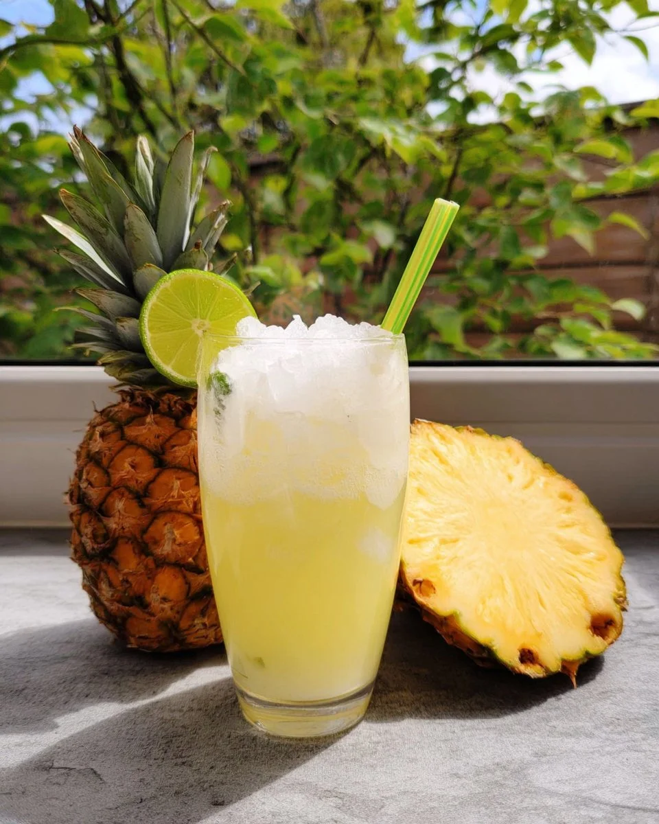 A refreshing Pineapple Spritzer Mocktail served in a glass with tropical garnishes.