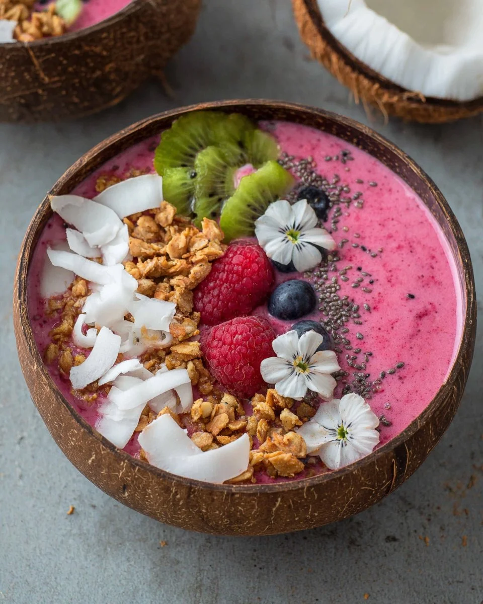 Pink pitaya coconut smoothie bowl topped with fresh fruits and granola