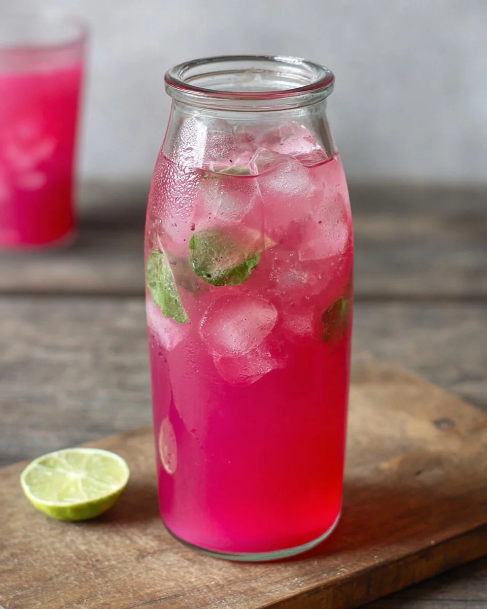 Pink pitaya coconut water refresher served in a glass with ice and fruit garnishes