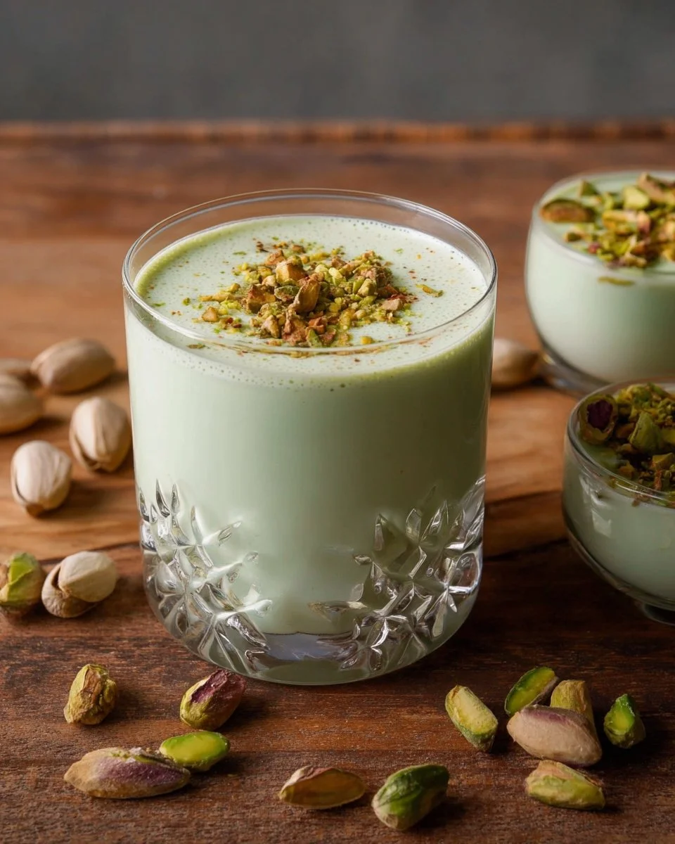 Pistachio Coquito in a glass with crushed pistachios on top