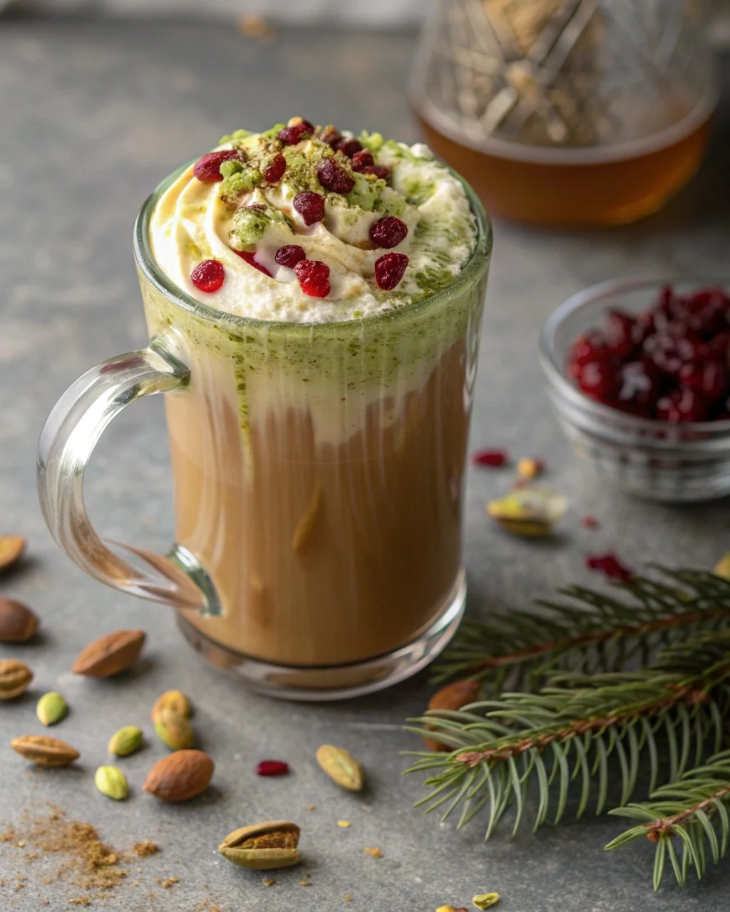 Pistachio Cranberry Winter Latte served in a cozy cafe setting