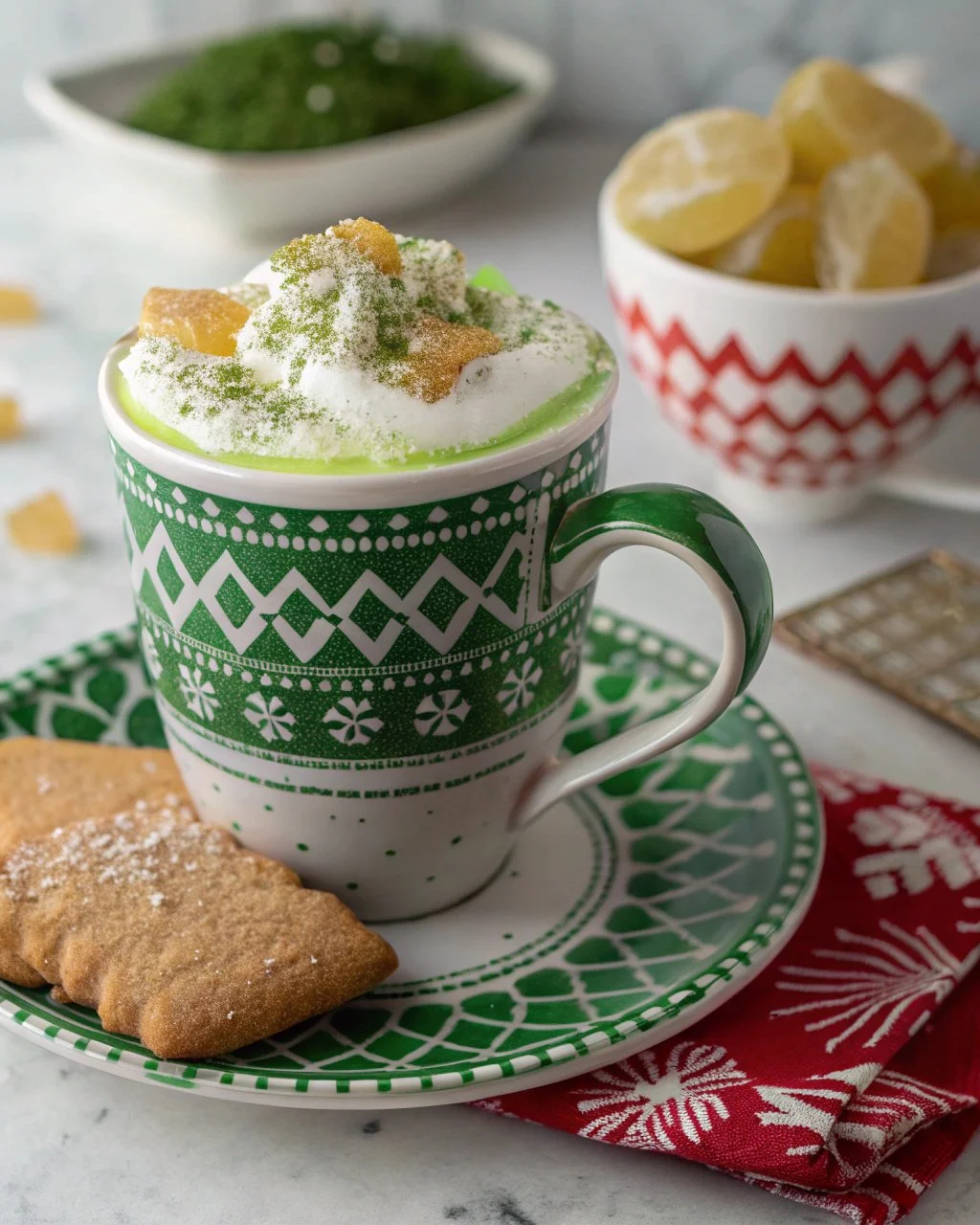 Creamy Pistachio Ginger Snap Latte topped with whipped cream and ginger crumbs