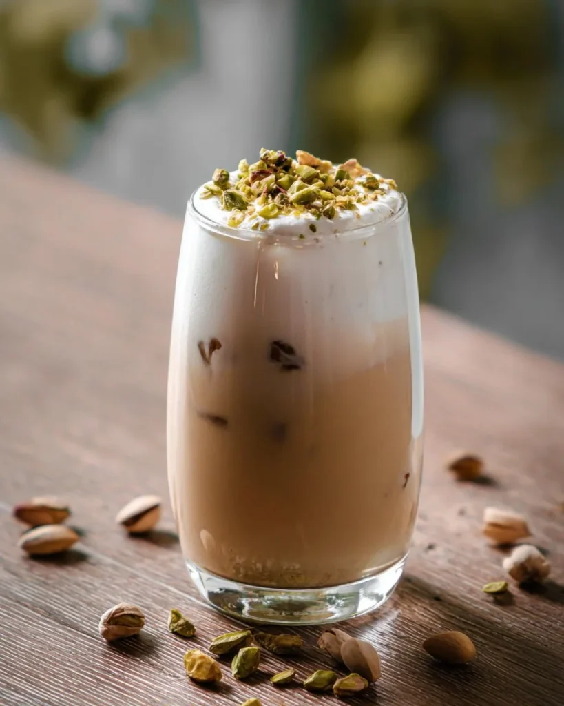 A delicious pistachio iced latte served in a glass with ice and whipped cream.