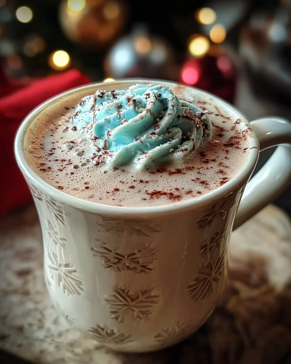 A festive cup of Polar Twilight Christmas Cocoa topped with marshmallows.