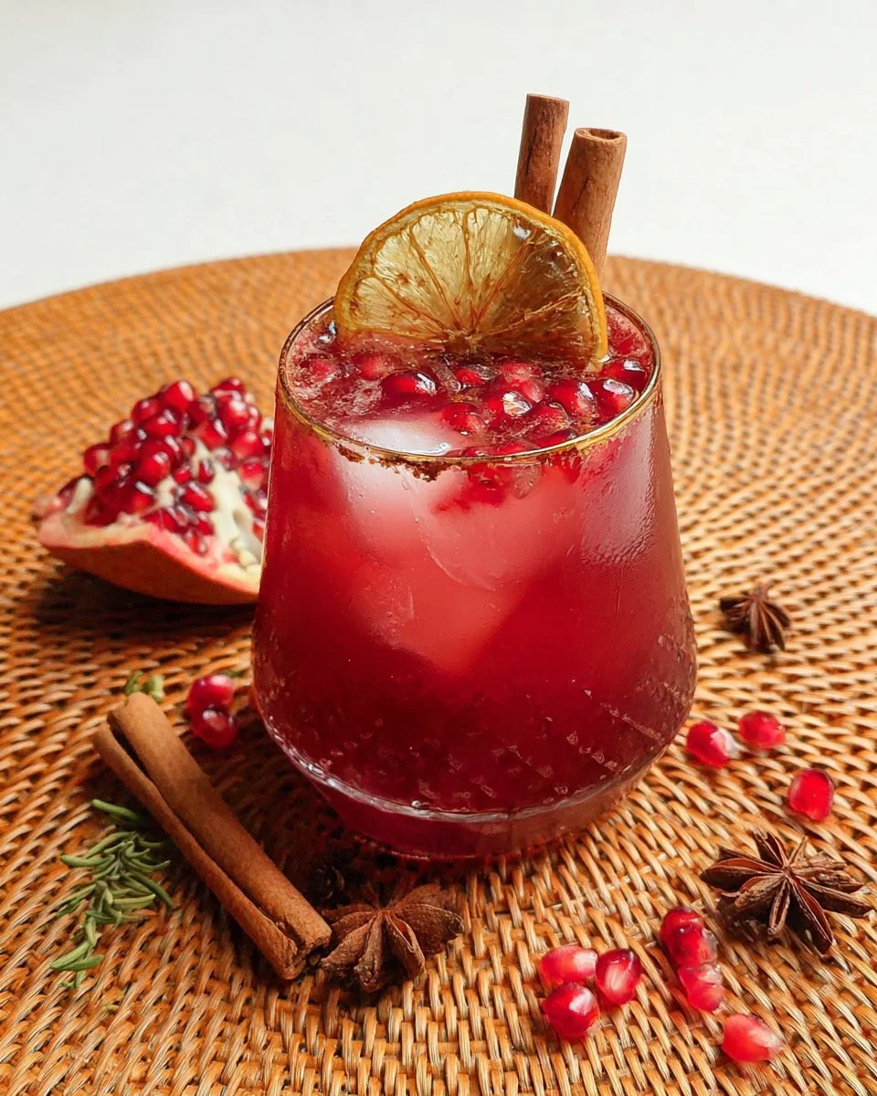 Refreshing Pomegranate Cinnamon Mocktail served in a glass with garnishes.