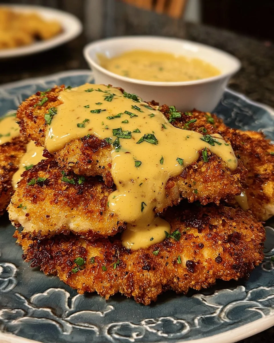 Pretzel-crusted chicken garnished with herbs and served on a plate