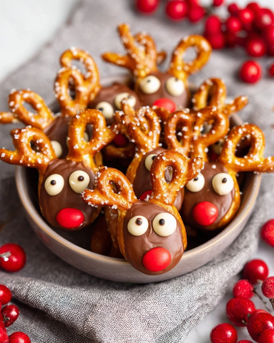 Christmas pretzel reindeer snacks decorated with festive toppings.