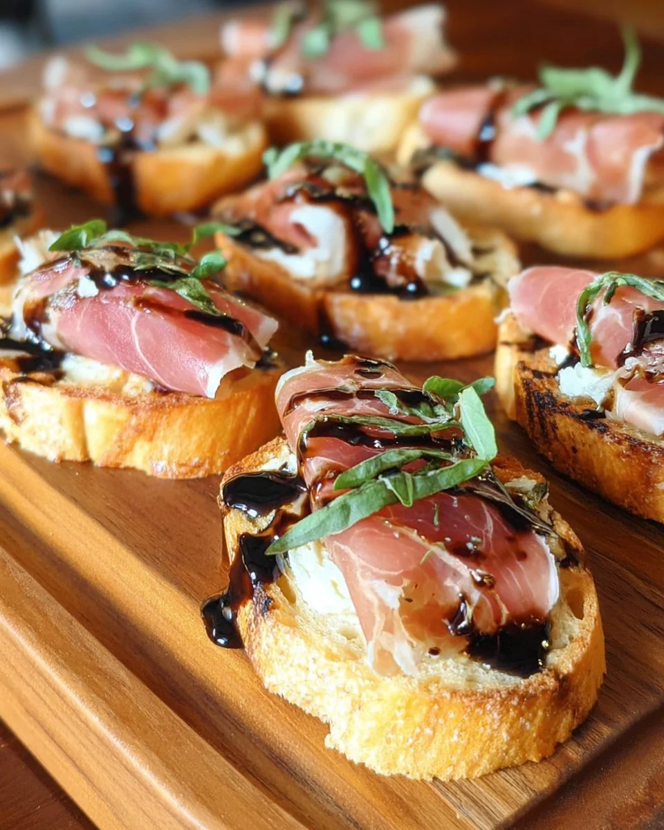 Delicious prosciutto crostini with a rich balsamic glaze topping