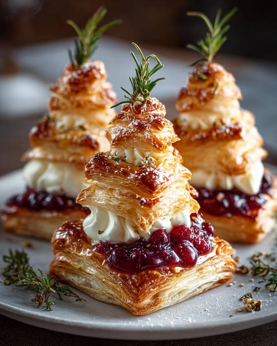 Puff pastry trees adorned with burrata cheese and cranberry glaze.