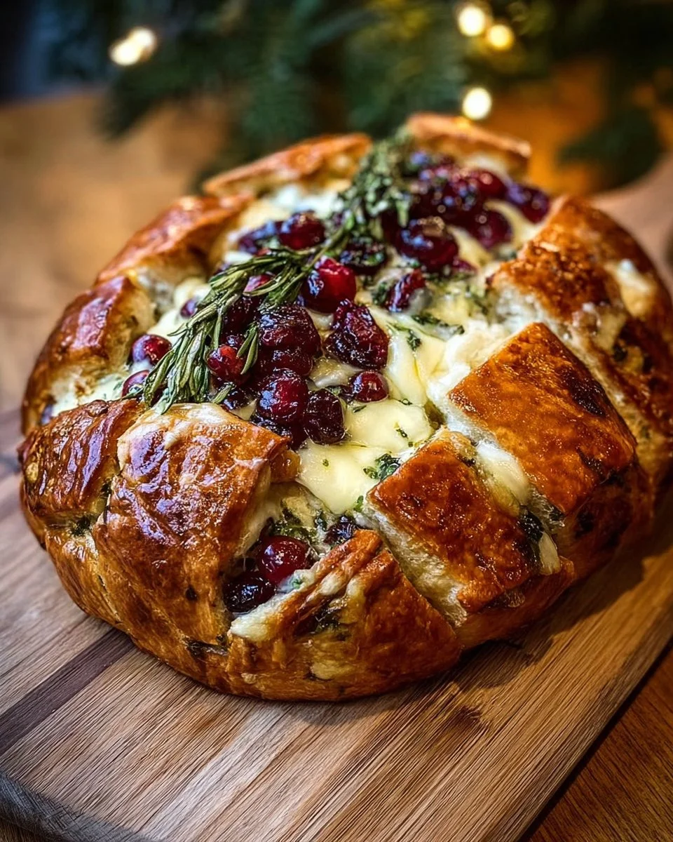 Pull-apart sourdough bread with brie cheese, cranberry, and herb garlic butter