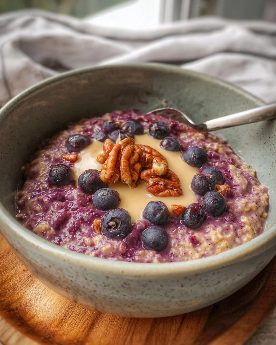 Bowl of purple carrot cake oatmeal topped with nuts and spices