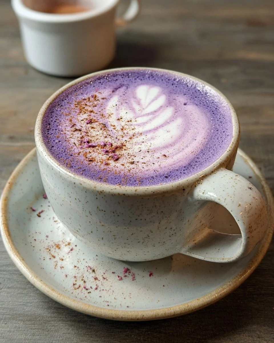 Purple sweet potato latte served in a stylish cup with a beautiful foam design.