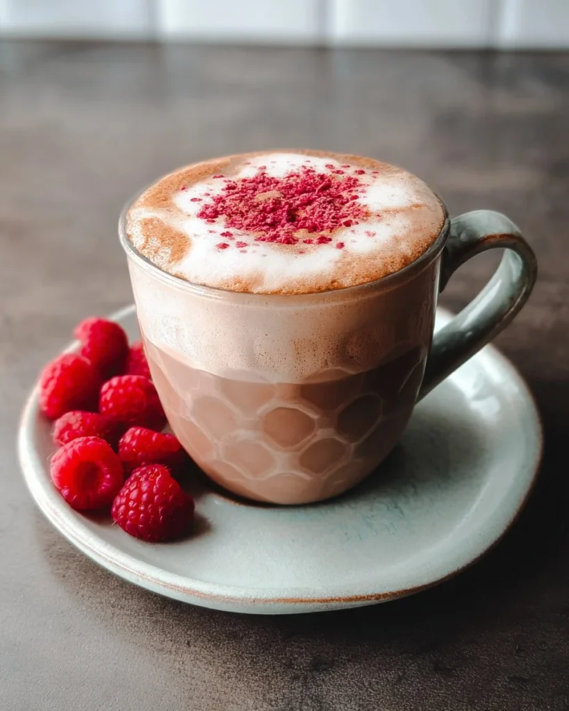 Delicious Raspberry Mocha Latte topped with whipped cream and raspberries