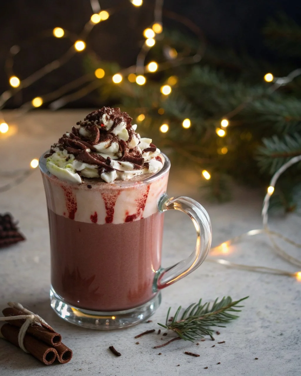 Delicious Red Velvet Mocha Cheer with whipped cream and chocolate drizzle