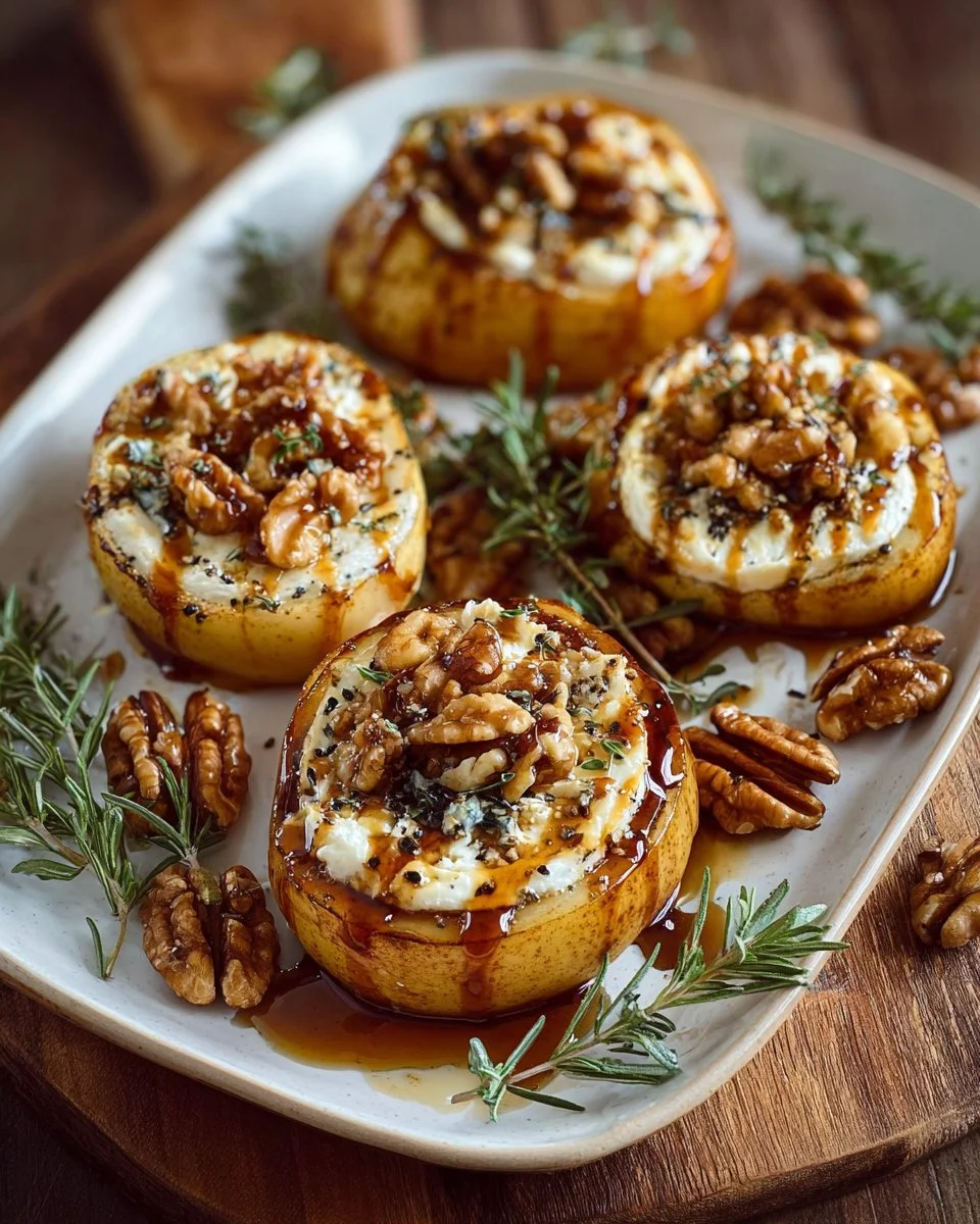 Roasted pears with goat cheese and maple-walnut drizzle on a plate.
