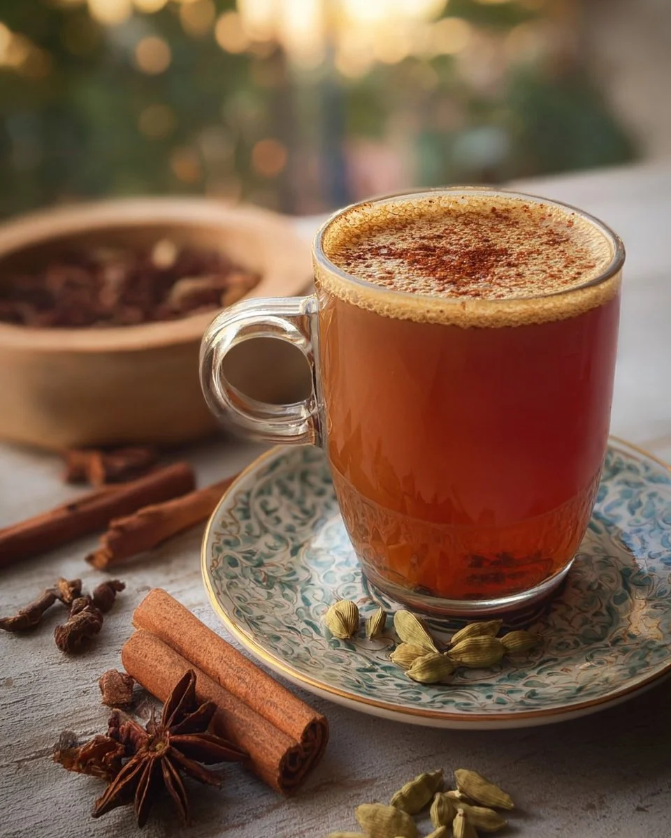 Cup of Rooibos Chai tea with spices and herbs.