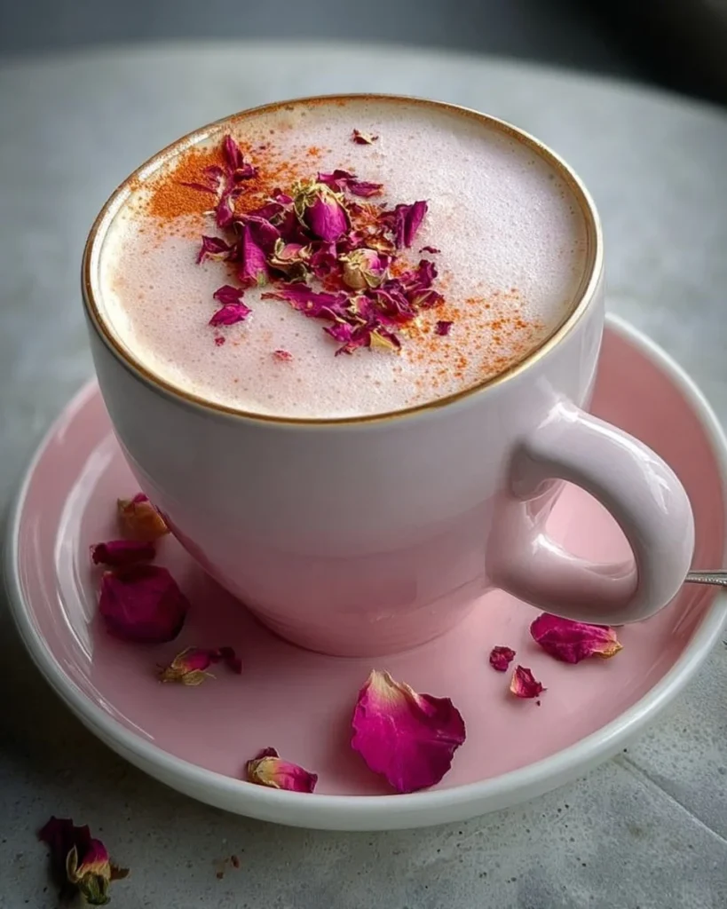 A steaming cup of Rose Black Tea Latte with rose petals and tea leaves on a wooden table.
