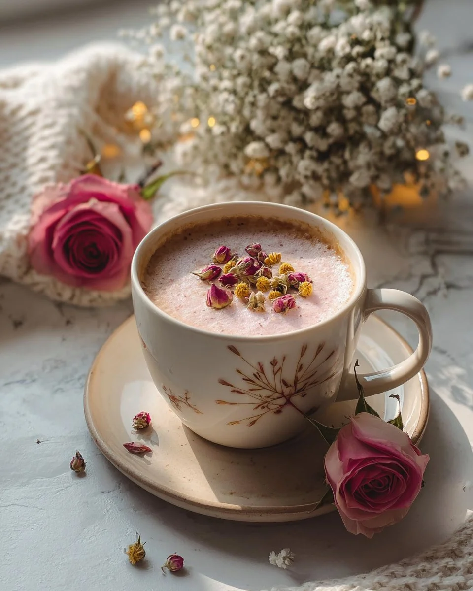 A comforting cup of Rose Chamomile Latte with floral decorations.