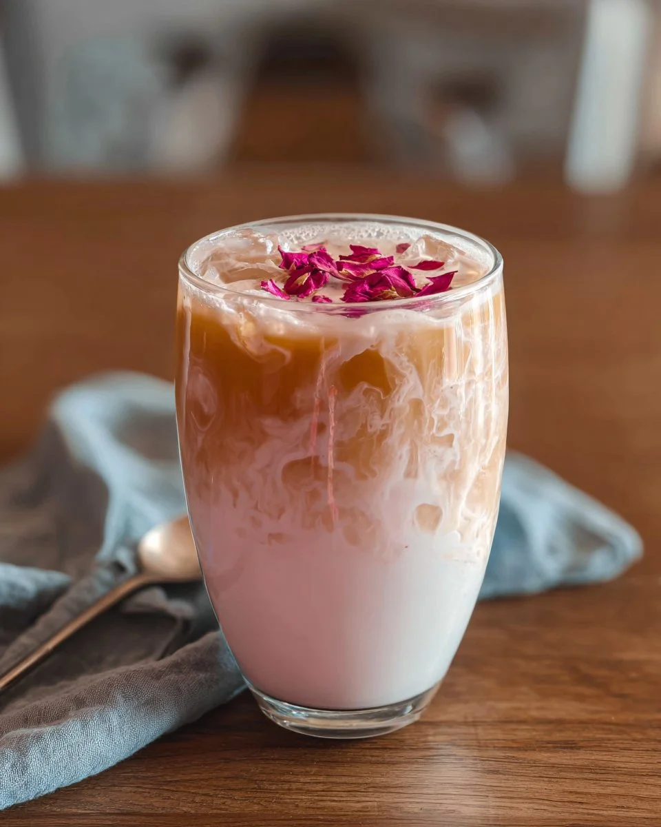 Delicious Rose Vanilla Iced Latte served in a glass with ice