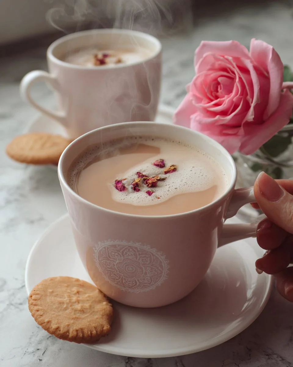 Delicious Rose & Vanilla London Fog tea latte topped with frothy cream.