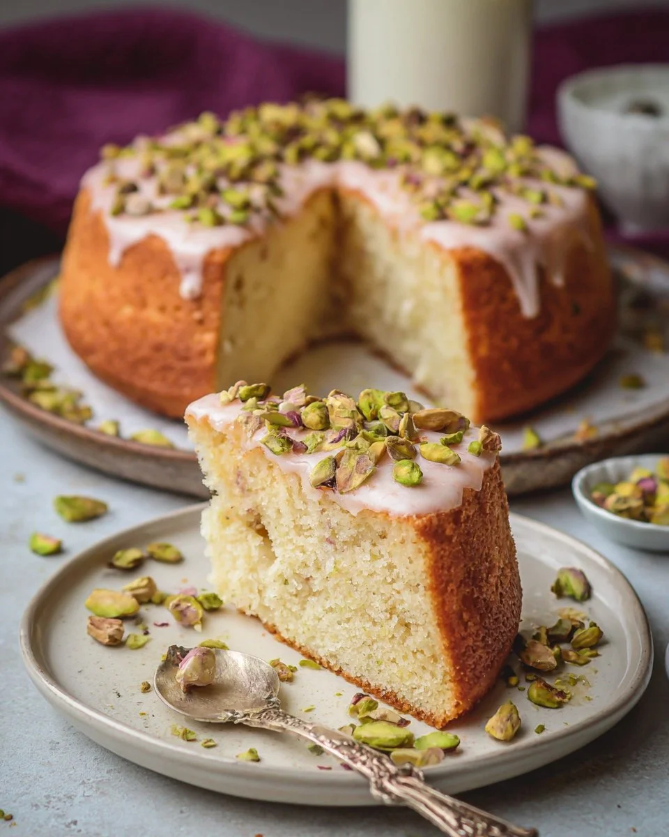 Rosewater Pistachio Cloud Cake with decorative pistachios and rose petals