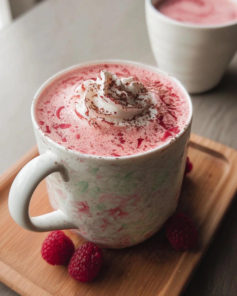 Ruby Chocolate Raspberry Mocha drink topped with raspberry and chocolate swirl
