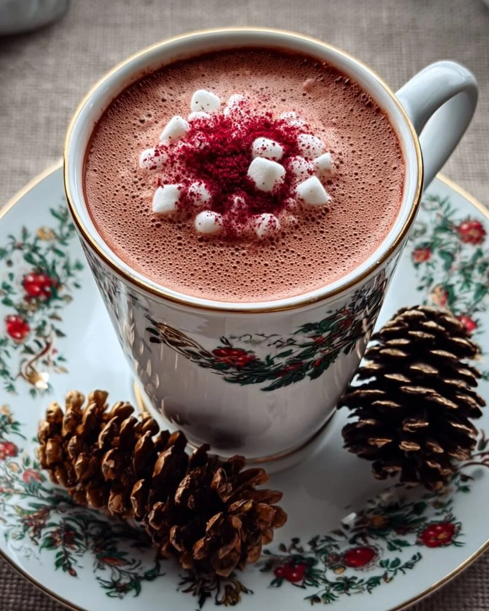 A steaming cup of Ruby Glow Christmas Cocoa topped with festive marshmallows.