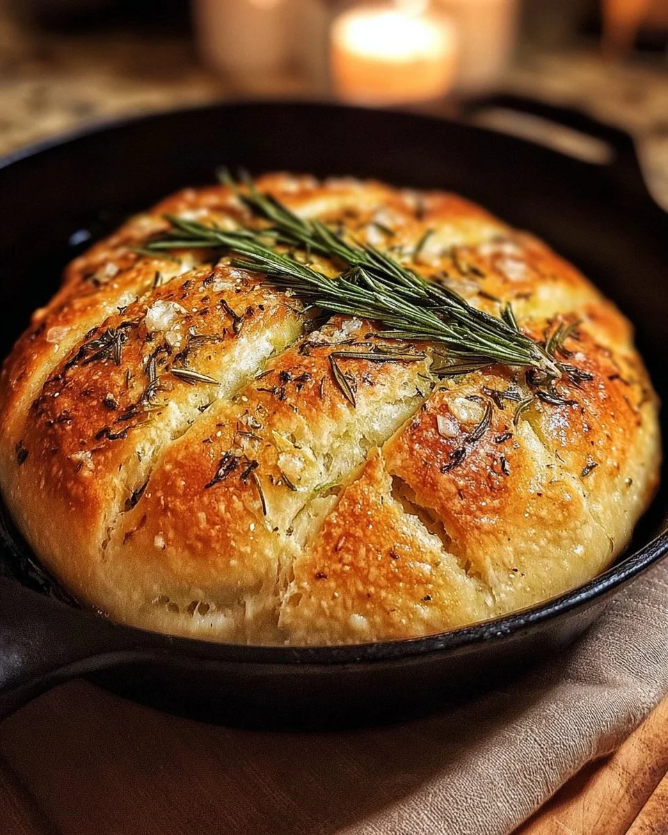 Freshly baked rustic garlic rosemary skillet bread on a wooden table