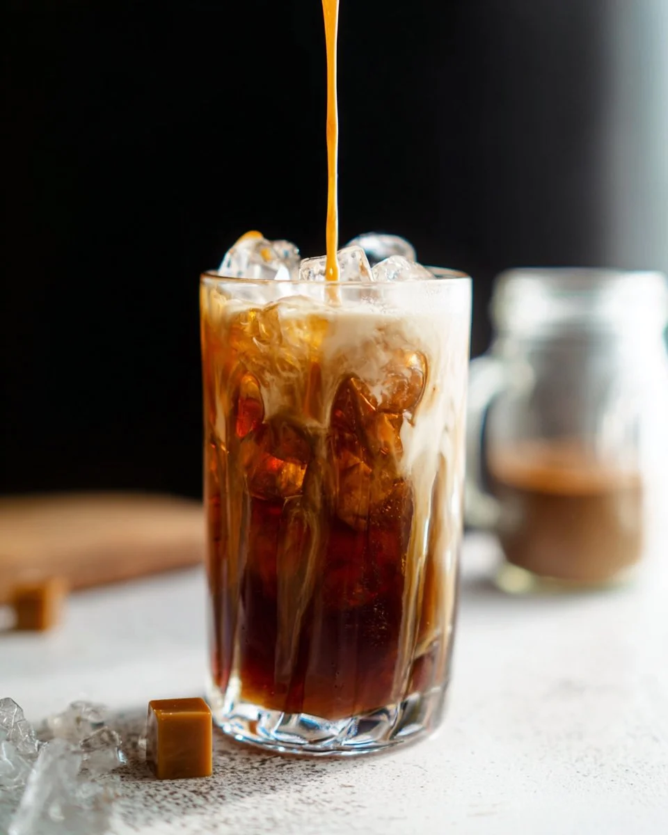 Delicious salted caramel cold brew coffee served in a glass