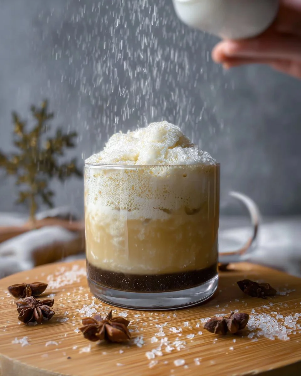 Delicious Salted Eggnog Cold Foam topped with spices in a festive mug.