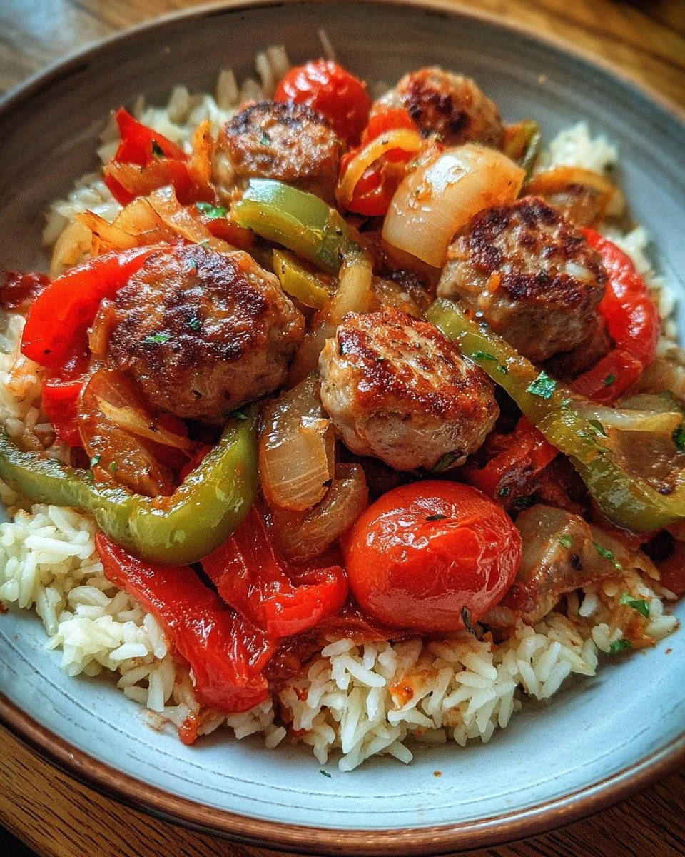Sausage and peppers dish with onion and tomatoes served over rice