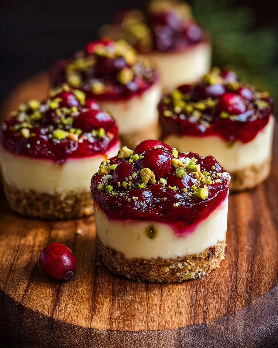 Savory cranberry and pistachio cheesecake cups garnished and ready to serve.