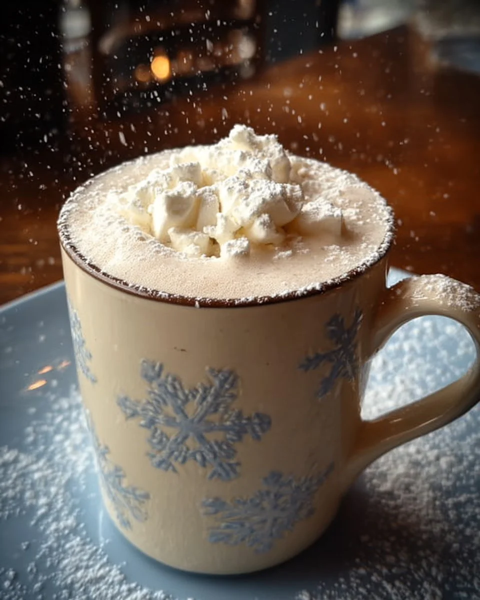 A cup of Silent Snowfall Christmas Cocoa topped with whipped cream and cocoa powder.