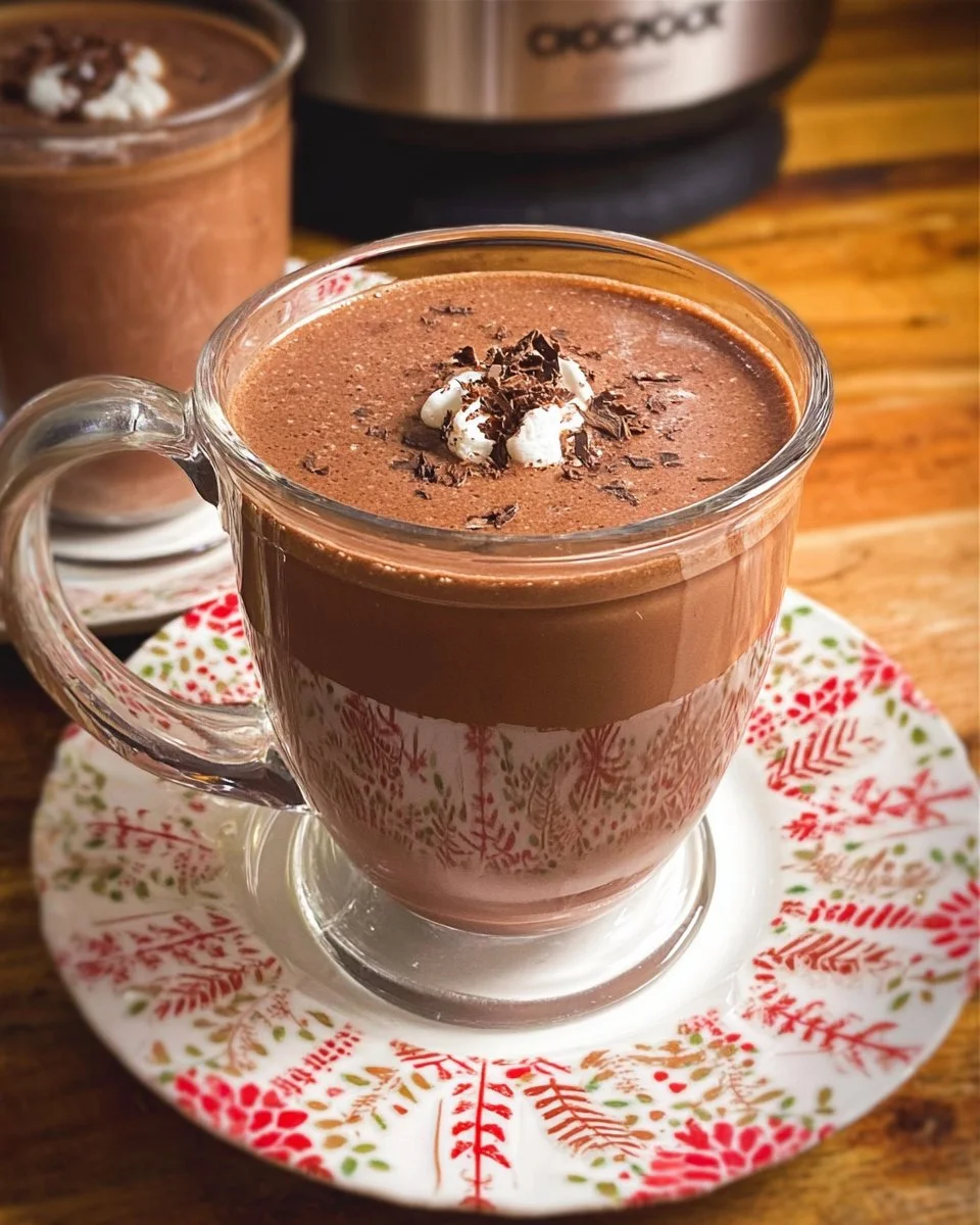 Delicious Slow Cooker Hot Chocolate served in a mug topped with whipped cream.