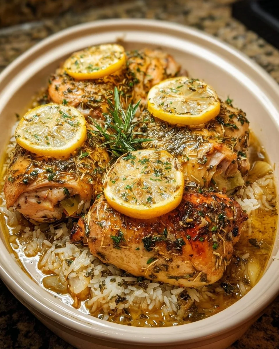 Delicious slow cooker lemon herb chicken garnished with fresh herbs